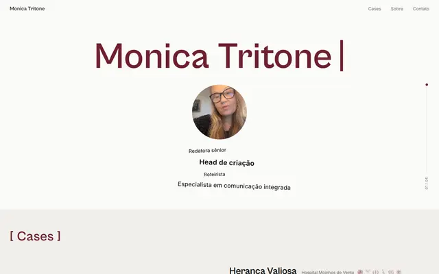 Página inicial do site Monica Tritone, site portfólio criada por Arthur Monteiro